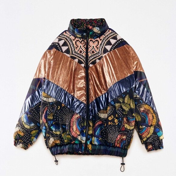 FARM RIO Puffer Jacket M Reversible Borogodo Metallic Floral Tropical Winter - Picture 14 of 15